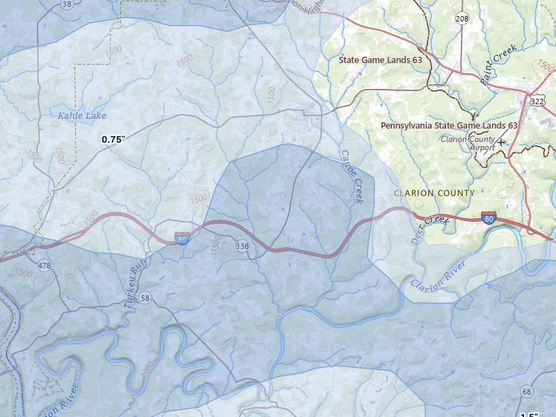 NEXRAD radar-signature map of the hail storm over Knox, PA on Jul 3, 2026