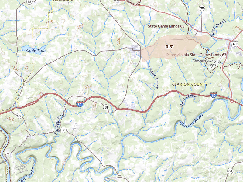 Radar-estimated hail-size map of the storm over Knox, PA on Jul 4, 2026