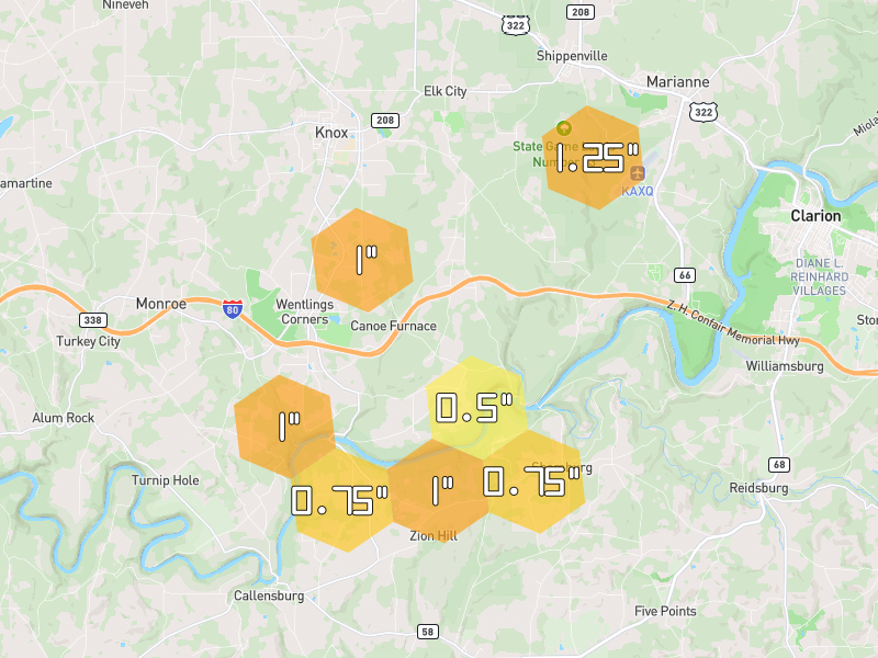 Hail map of Knox, PA on Jul 4, 2026, hail up to 1.25"