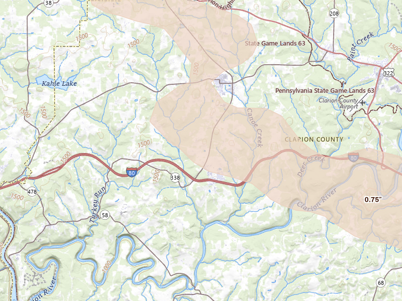 Radar-estimated hail-size map of the storm over Knox, PA on Jul 18, 2026