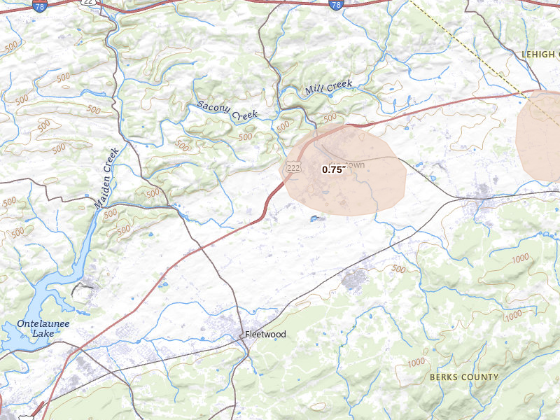 Radar-estimated hail-size map of the storm over Kutztown, PA on Jul 3, 2026