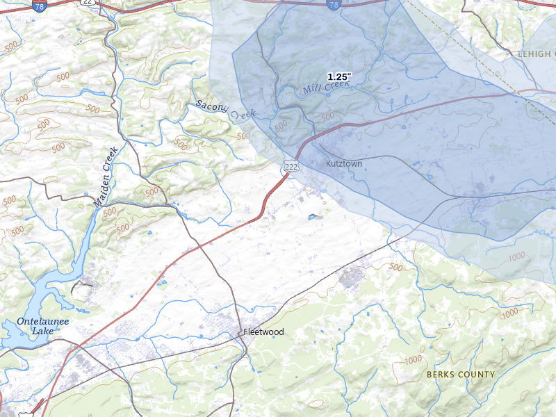 NEXRAD radar-signature map of the hail over Kutztown, PA