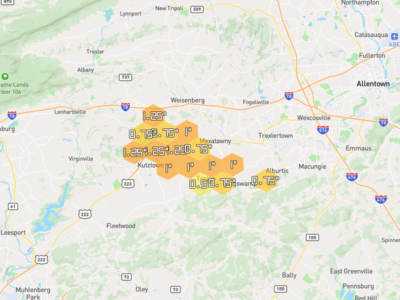 Hail map of Kutztown, PA on Jul 3, 2026, hail up to 1.25"