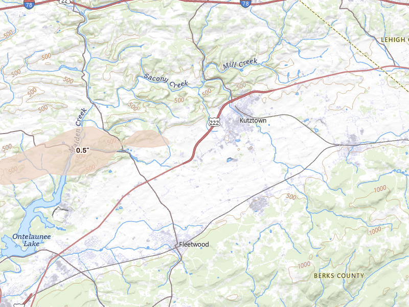 Radar-estimated hail-size map of the storm over Kutztown, PA on Jul 21, 2026