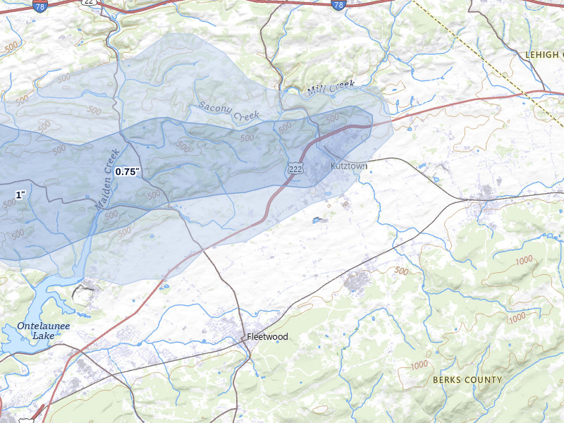 NEXRAD radar-signature map of the hail over Kutztown, PA