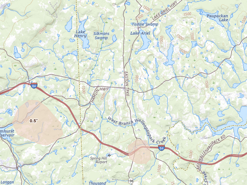 Radar-estimated hail-size map of the storm over Lake Ariel, PA on Aug 12, 2026
