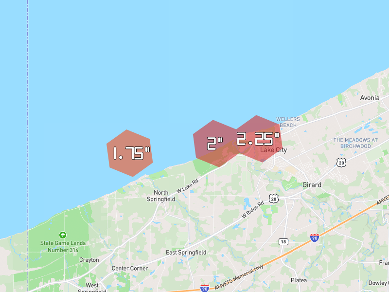 Hail map of Lake City, PA on Jul 21, 2026, hail up to 2.25"
