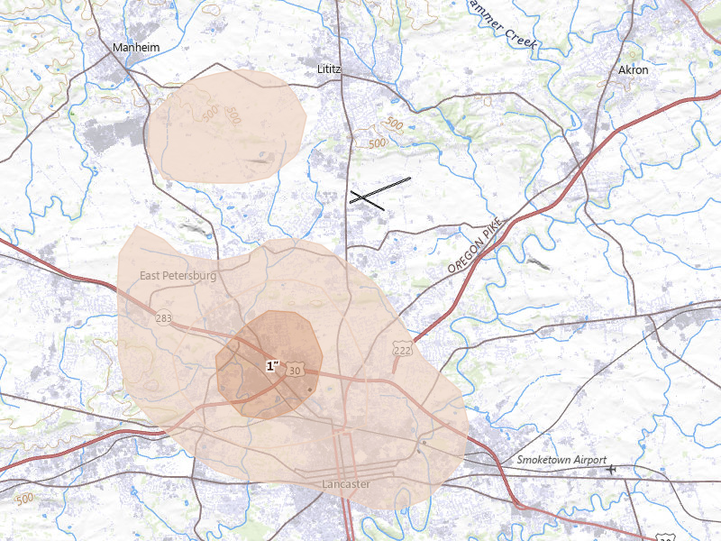 Radar-estimated hail-size map of the storm over Lancaster, PA on Jul 4, 2026