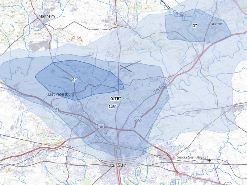 NEXRAD radar-signature map of the hail over Lancaster, PA