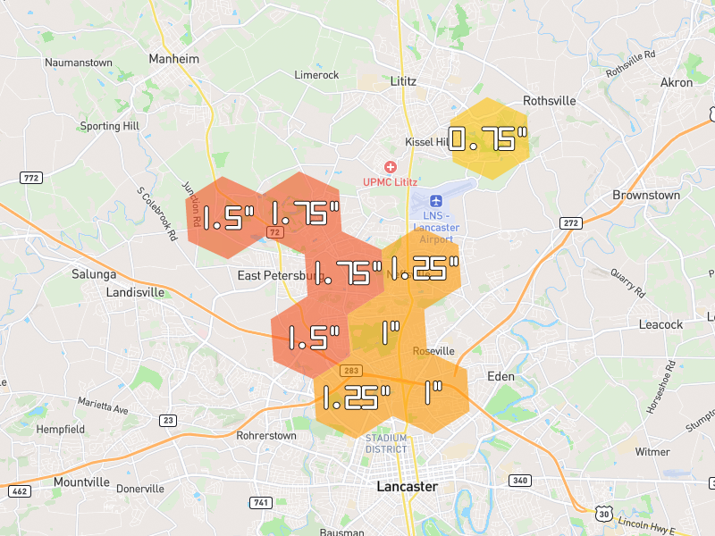 Hail map of Lancaster, PA on Jul 4, 2026, hail up to 1.75"