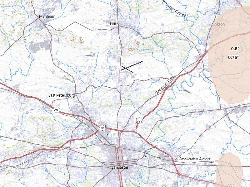 Radar-estimated hail-size map of the storm over Lancaster, PA on Jul 5, 2026