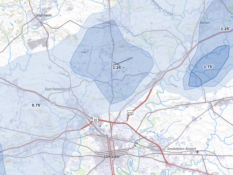 NEXRAD radar-signature map of the hail over Lancaster, PA