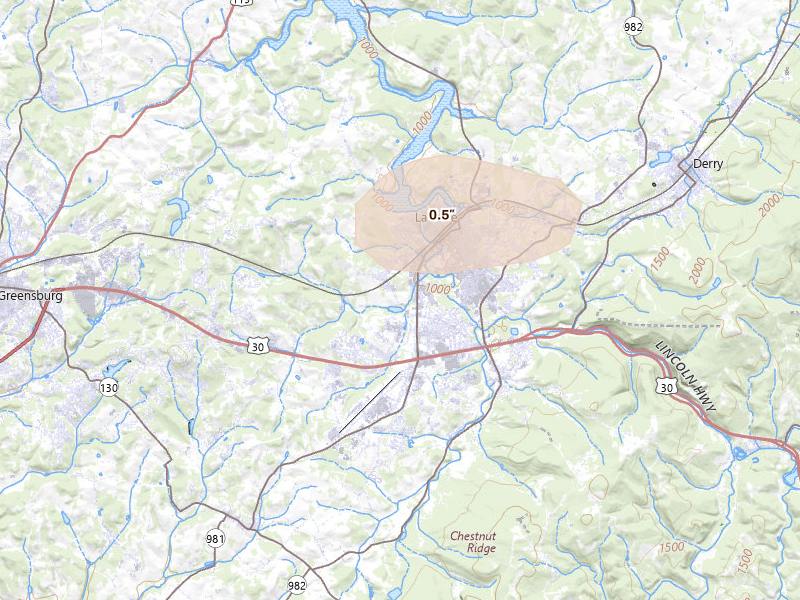Radar-estimated hail-size map of the storm over Latrobe, PA on Jul 4, 2026