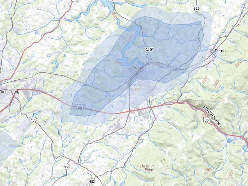NEXRAD radar-signature map of the hail over Latrobe, PA