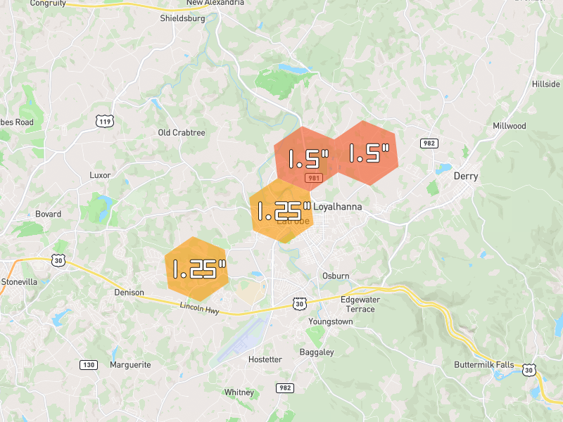 Hail map of Latrobe, PA on Jul 4, 2026, hail up to 1.5"