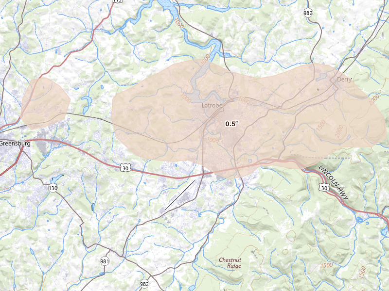 Radar-estimated hail-size map of the storm over Latrobe, PA on Sep 3, 2026