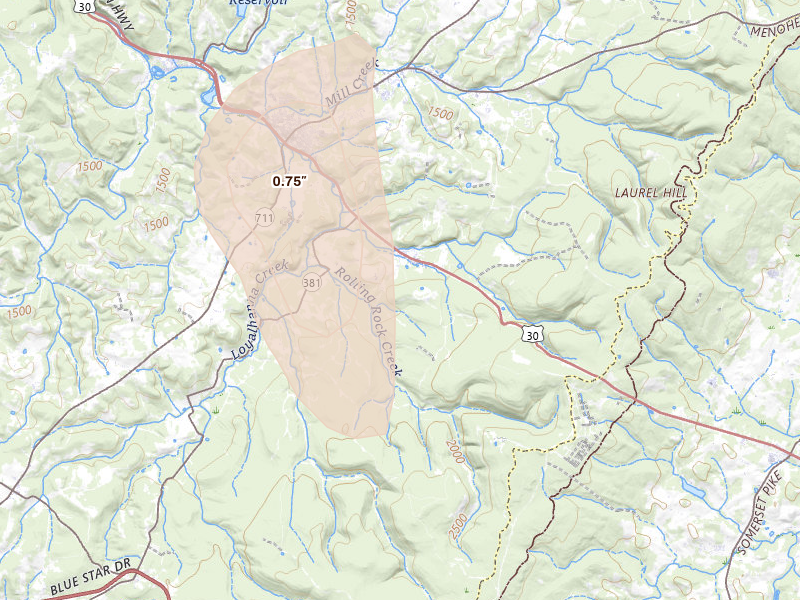 Radar-estimated hail-size map of the storm over Laughlintown, PA