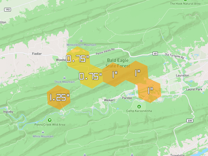 Hail map of Laurelton, PA on Jul 4, 2026, hail up to 1.25"