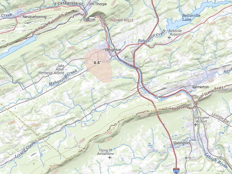 Radar-estimated hail-size map of the storm over Lehighton, PA on Sep 1, 2026