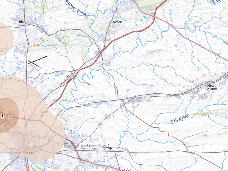 Radar-estimated hail-size map of the storm over Leola, PA on Jul 4, 2026