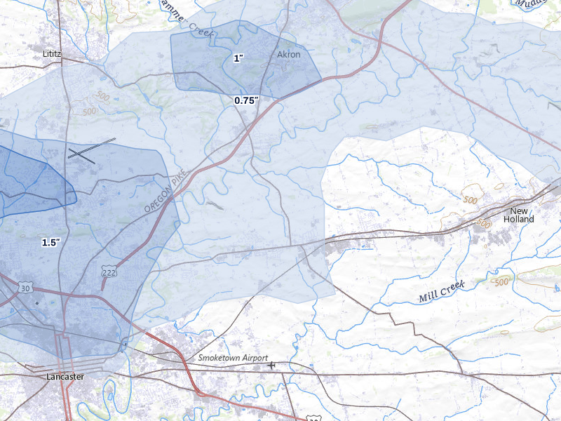NEXRAD radar-signature map of the hail over Leola, PA
