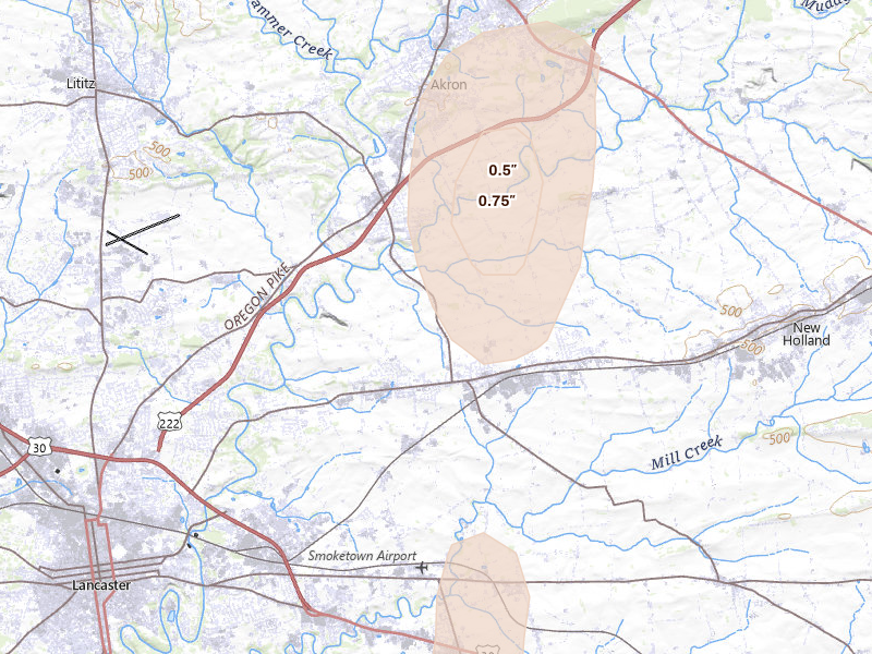 Radar-estimated hail-size map of the storm over Leola, PA on Jul 5, 2026