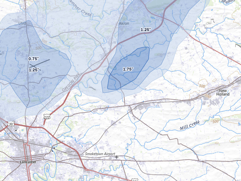 NEXRAD radar-signature map of the hail storm over Leola, PA on Jul 5, 2026