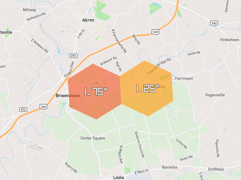 Hail map of Leola, PA on Jul 6, 2026, hail up to 1.75"