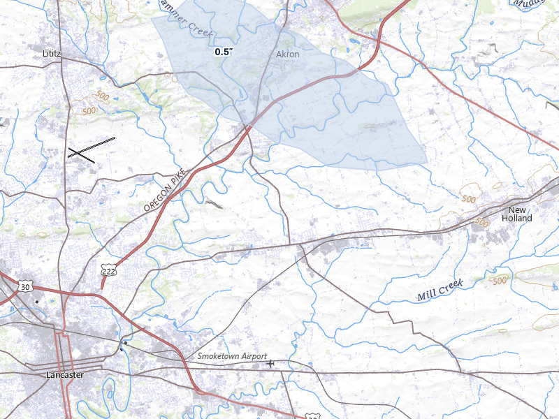 NEXRAD radar-signature map of the hail storm over Leola, PA on Jul 11, 2026