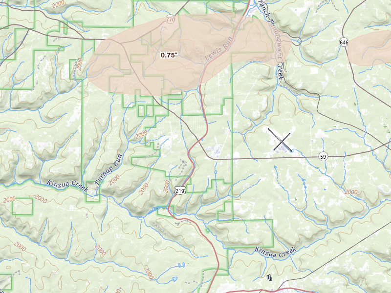 Radar-estimated hail-size map of the storm over Lewis Run, PA on May 13, 2026