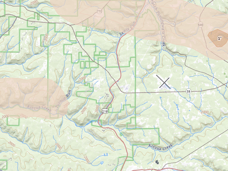 Radar-estimated hail-size map of the storm over Lewis Run, PA on Jul 4, 2026