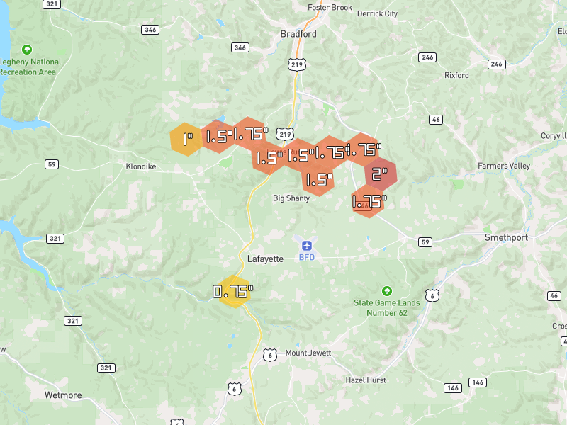 Hail map of Lewis Run, PA on Jul 4, 2026, hail up to 2"