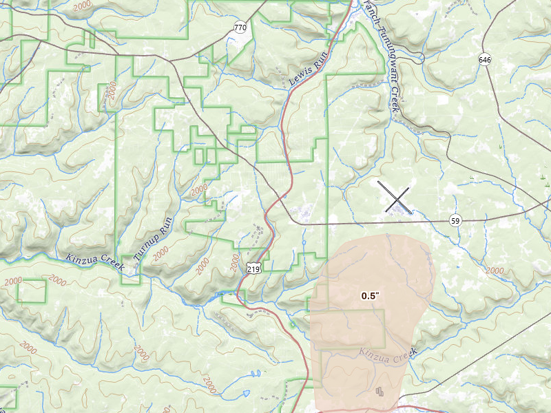 Radar-estimated hail-size map of the storm over Lewis Run, PA on Jul 27, 2026