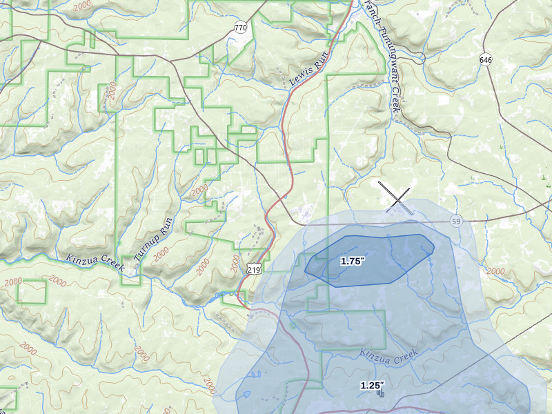 NEXRAD radar-signature map of the hail storm over Lewis Run, PA on Jul 27, 2026