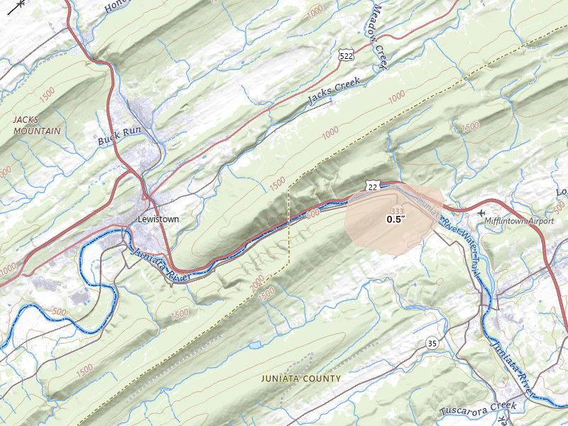Radar-estimated hail-size map of the storm over Lewistown, PA on Jul 4, 2026