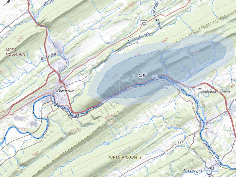 NEXRAD radar-signature map of the hail over Lewistown, PA
