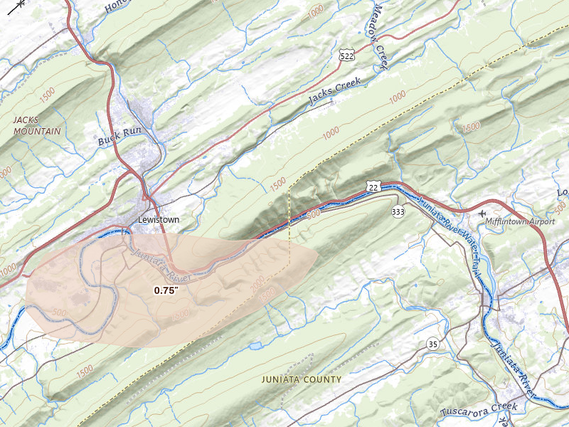 Radar-estimated hail-size map of the storm over Lewistown, PA on Jul 5, 2026