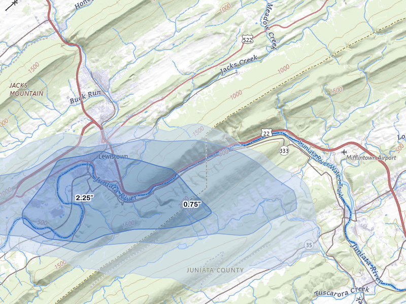 NEXRAD radar-signature map of the hail storm over Lewistown, PA on Jul 5, 2026