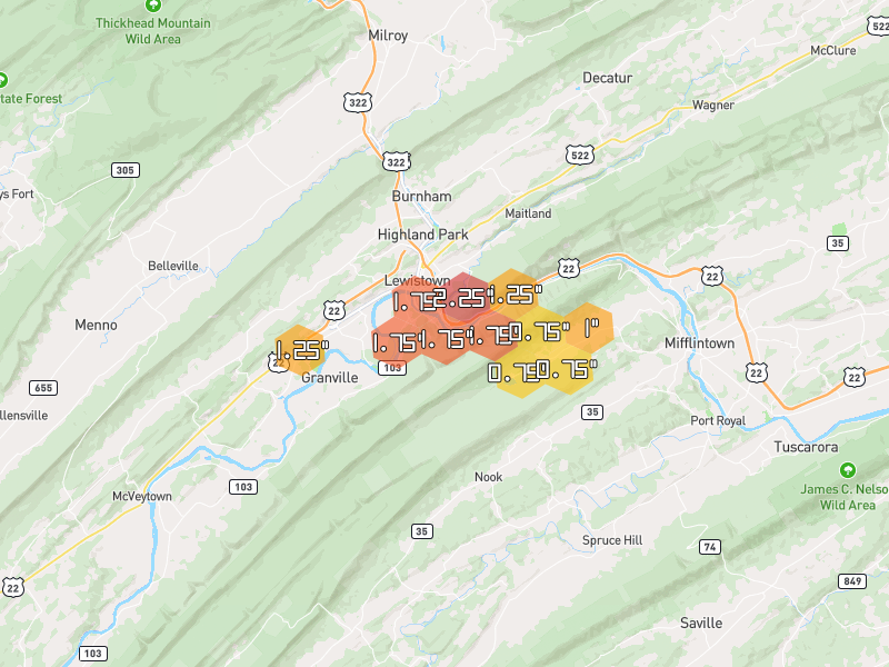 Hail map of Lewistown, PA on Jul 5, 2026, hail up to 2.25"