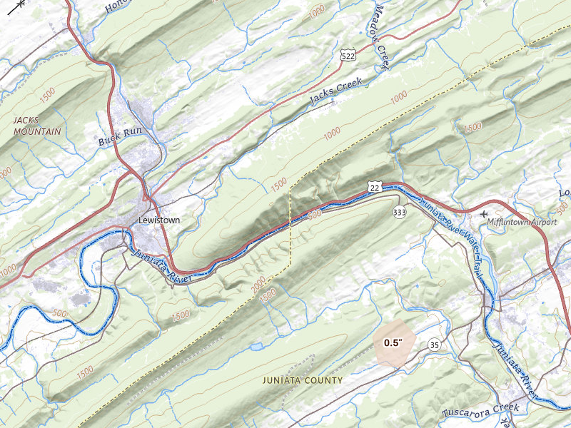 Radar-estimated hail-size map of the storm over Lewistown, PA on Aug 7, 2026