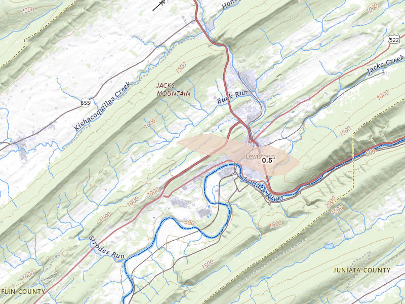 Radar-estimated hail-size map of the storm over Lewistown, PA on Aug 10, 2026