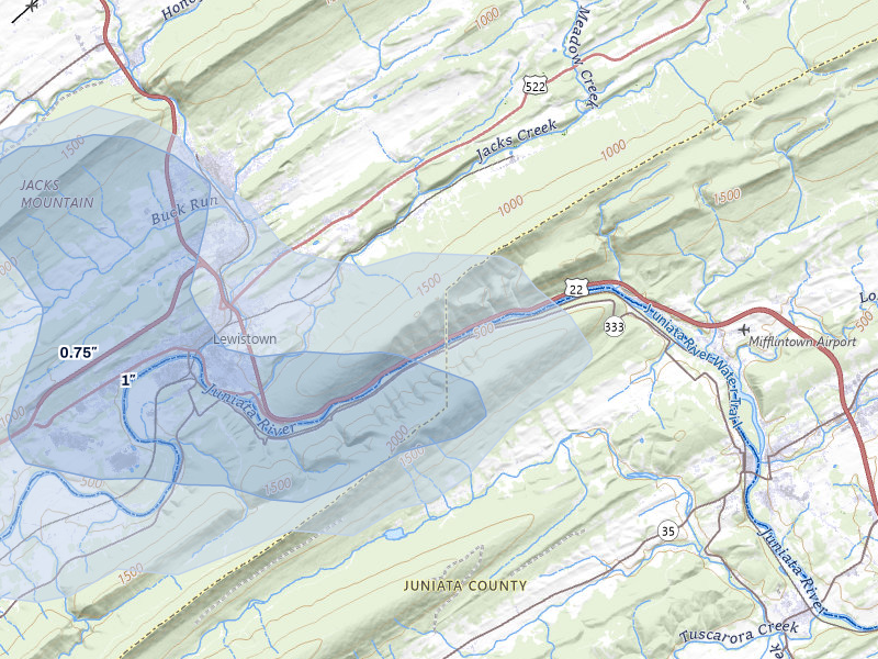 NEXRAD radar-signature map of the hail storm over Lewistown, PA on Aug 10, 2026