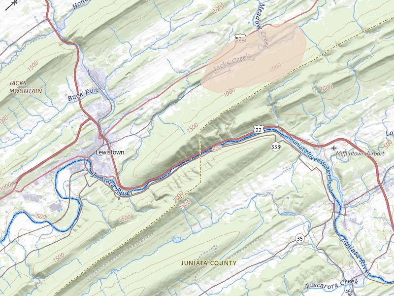 Radar-estimated hail-size map of the storm over Lewistown, PA on Aug 27, 2026