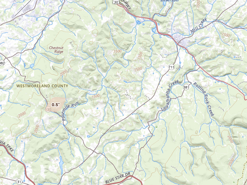Radar-estimated hail-size map of the storm over Ligonier, PA on May 13, 2026