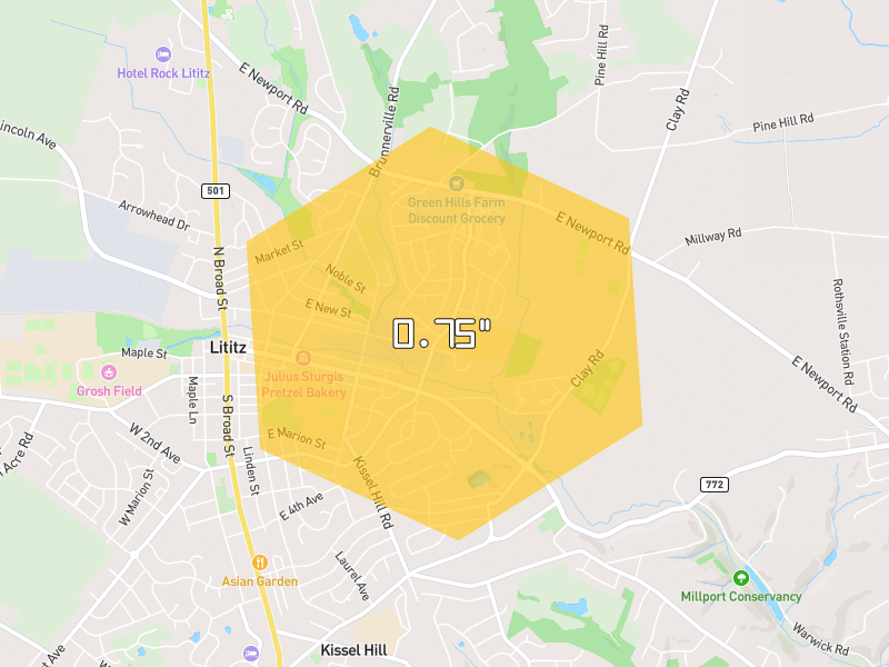 Hail map of Lititz, PA on Jul 6, 2026, hail up to 0.75"