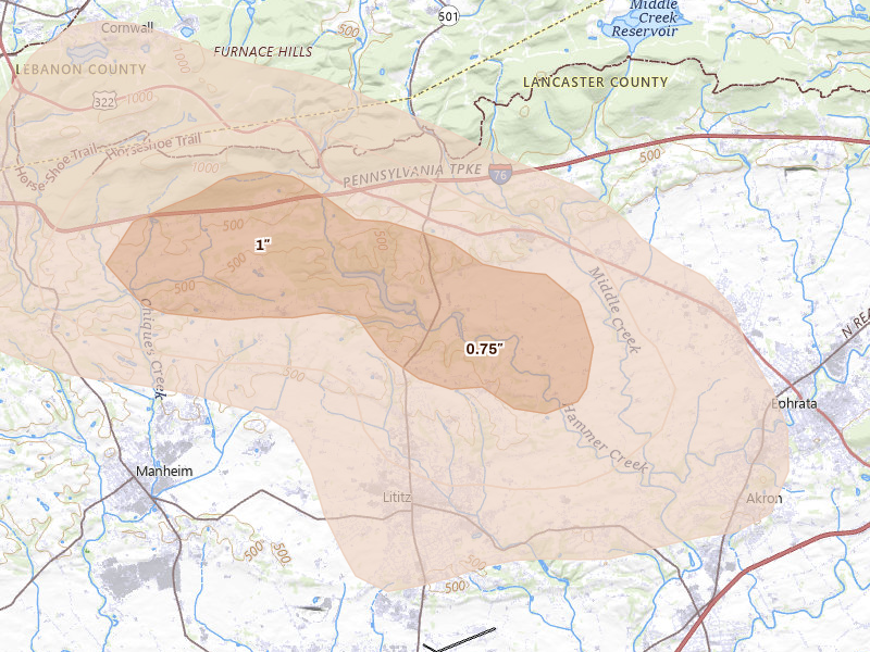 Radar-estimated hail-size map of the storm over Lititz, PA on Aug 27, 2026