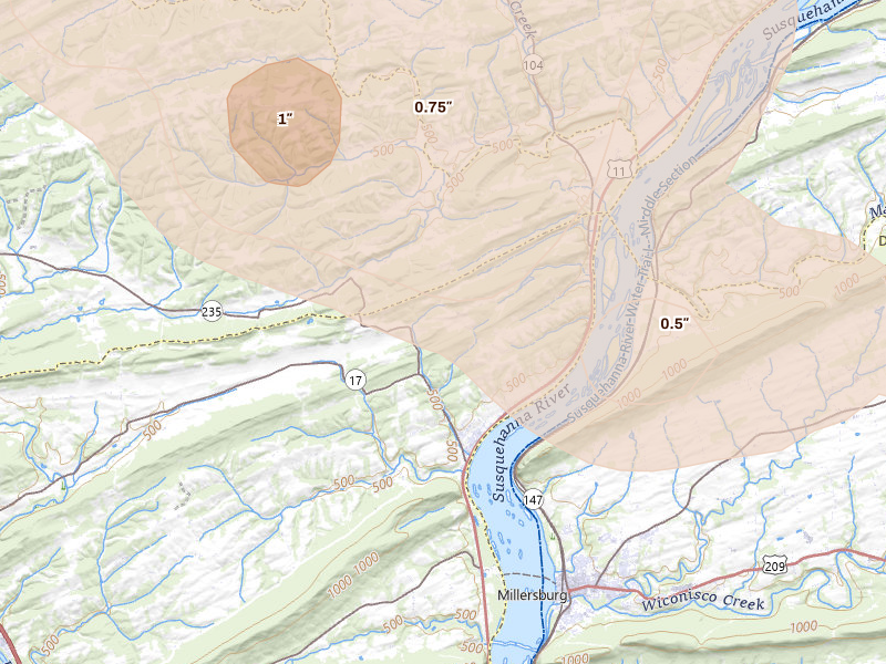 Radar-estimated hail-size map of the storm over Liverpool, PA on Sep 2, 2026