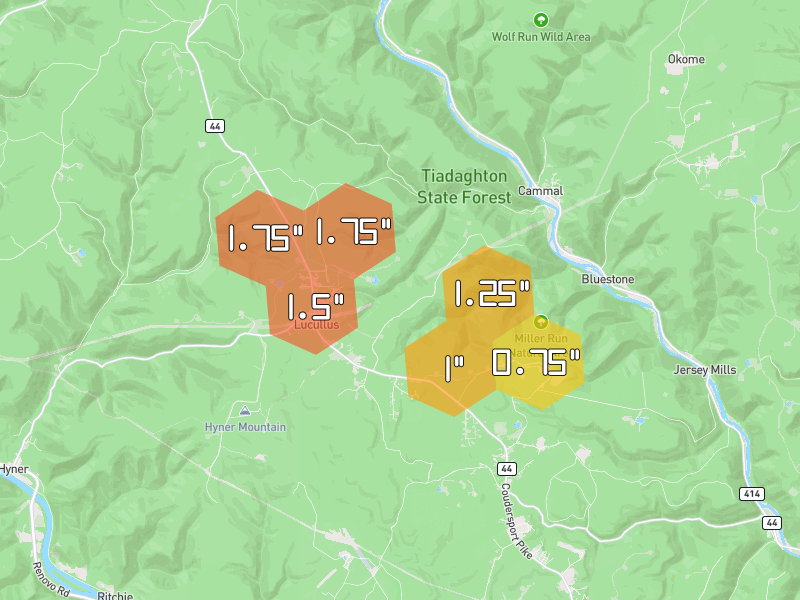 Hail map of Lock Haven, PA on Jul 3, 2026, hail up to 1.75"