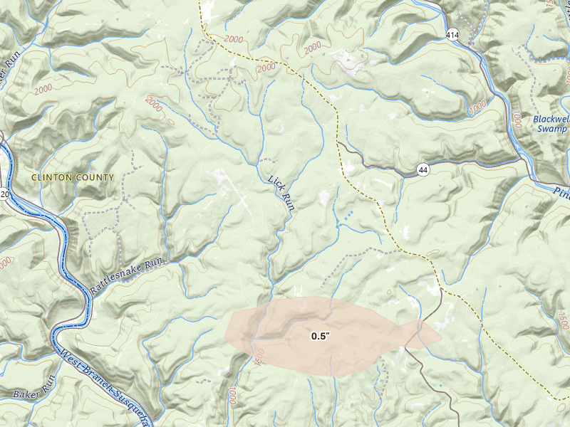 Radar-estimated hail-size map of the storm over Lock Haven, PA on Jul 4, 2026