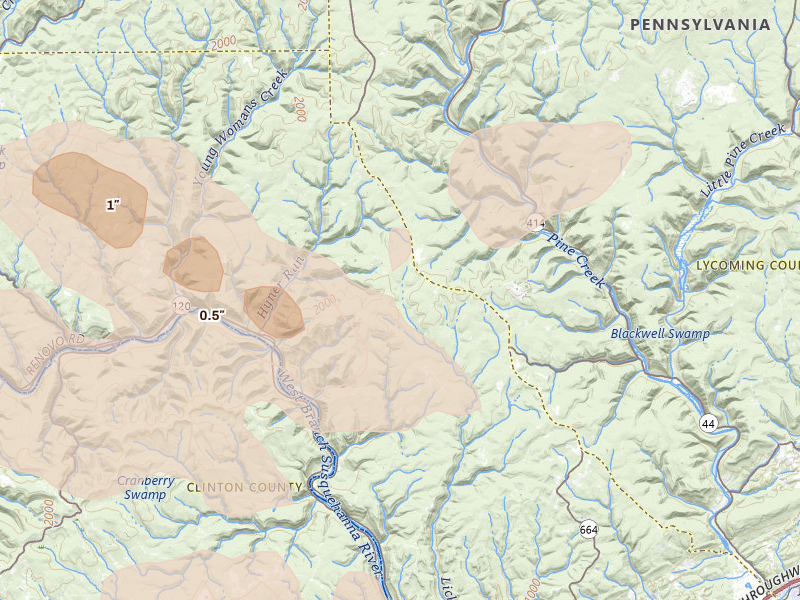 Radar-estimated hail-size map of the storm over Lock Haven, PA on Sep 2, 2026
